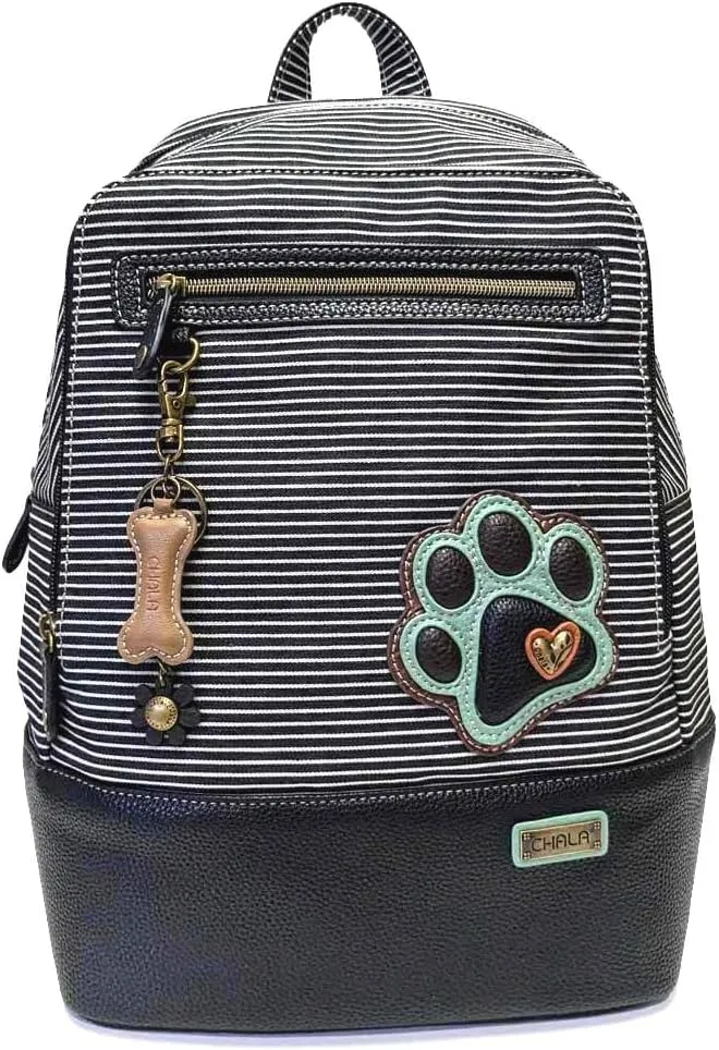 CHALA Cacual Striped Backpacks Purse with Adjustable Strap -15" x 11.5" x 6" (Black Paw Print Backpack and Crossbody Purse Bundle)