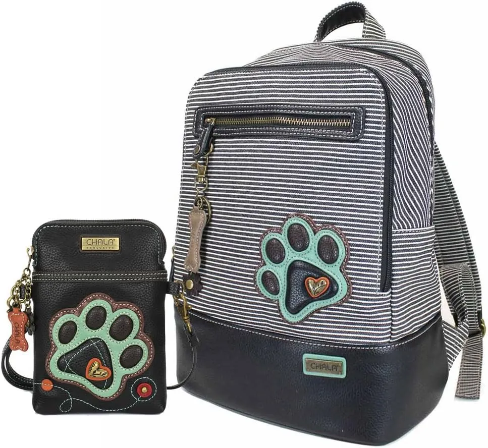 CHALA Cacual Striped Backpacks Purse with Adjustable Strap -15" x 11.5" x 6" (Black Paw Print Backpack and Crossbody Purse Bundle)