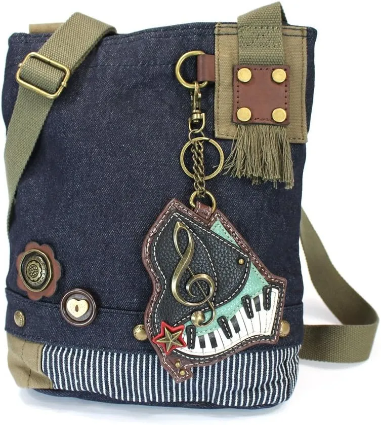 CHALA Canvas Cotton Cross-body Tote Bags with Grand Piano Key Fob/Coin Purse -6 Colors