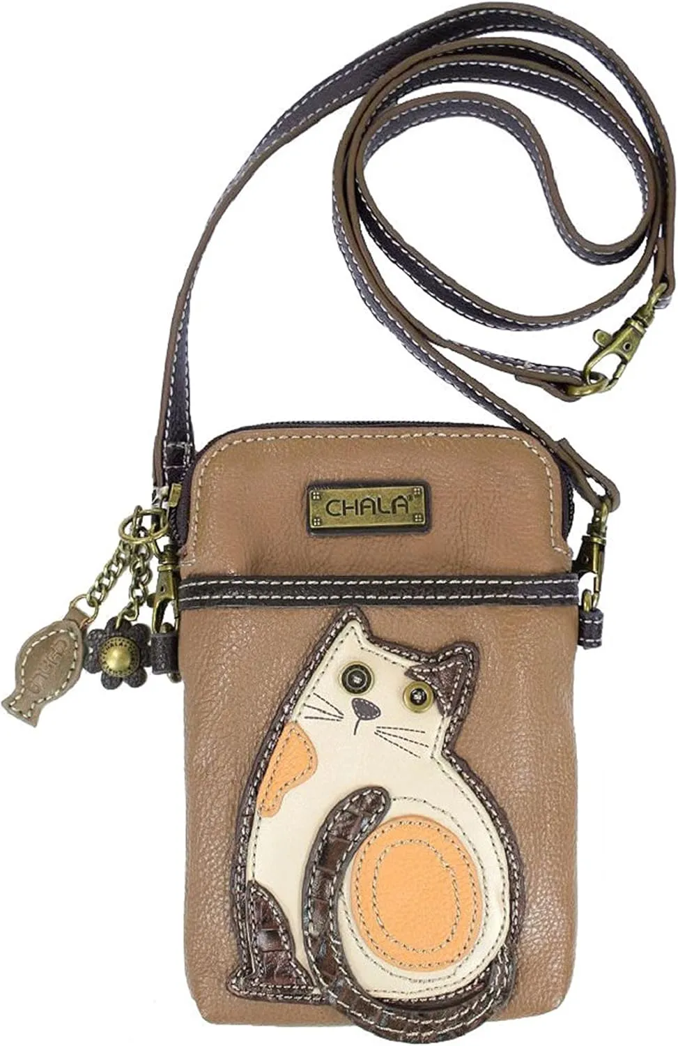 Chala Cat Cellphone Crossbody Handbag - Convertable Strap, Cat Lovers Gift (Brown)