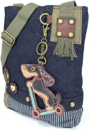 Chala Wiener Dog on Scooter Patch Crossbody Bag, Denim