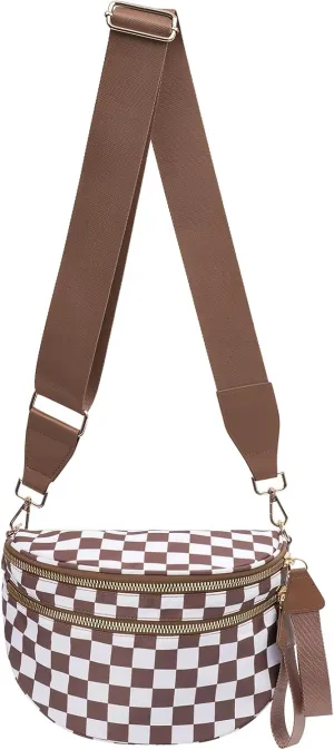 Checkered Crossbody Bags Bum Bag for Women Large Sling Bag Purse with Adjustable Strap（Caramel Checkered）