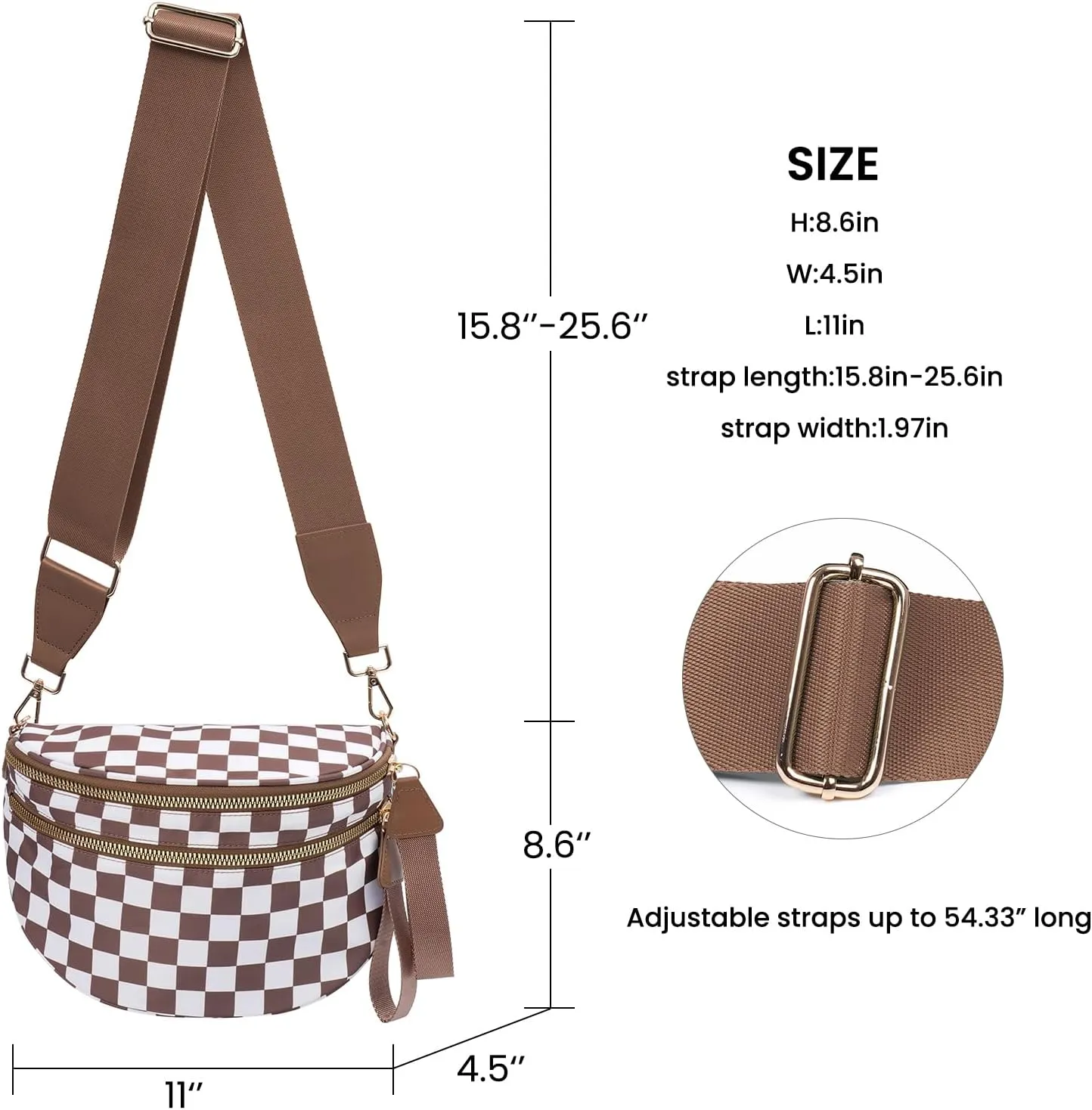 Checkered Crossbody Bags Bum Bag for Women Large Sling Bag Purse with Adjustable Strap（Caramel Checkered）