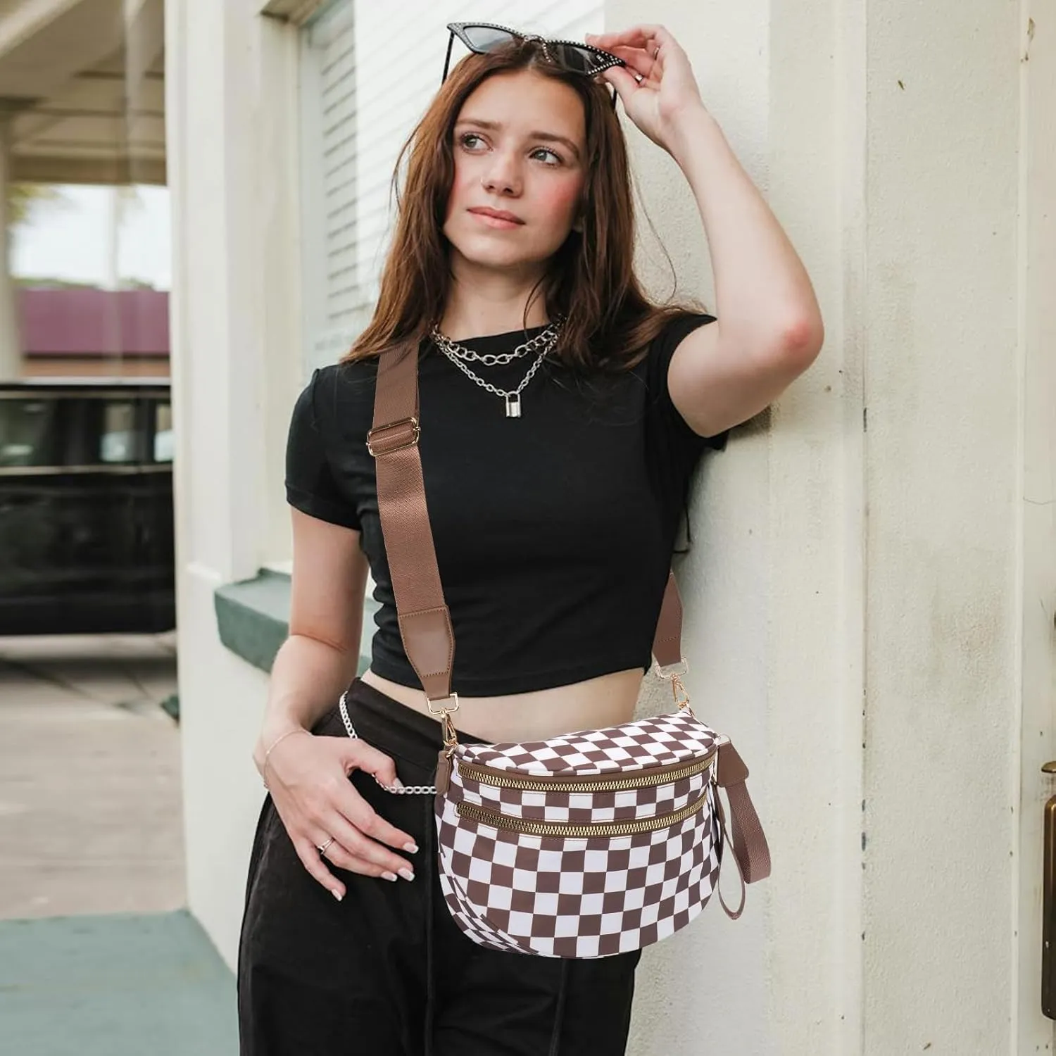 Checkered Crossbody Bags Bum Bag for Women Large Sling Bag Purse with Adjustable Strap（Caramel Checkered）