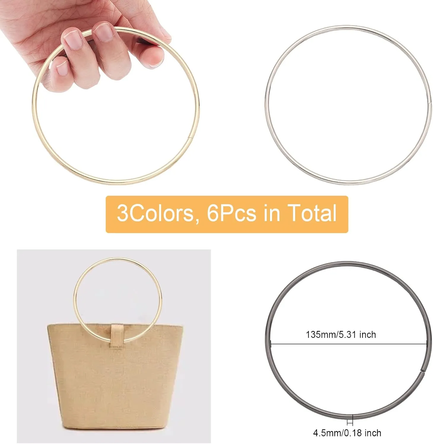 CHGCRAFT 6Pcs Round Metal Purse Handles Replacement Handles Bag Handle Hardware for DIY Bag Purse Handbags Totes Clutch Making, 13.5x0.45cm