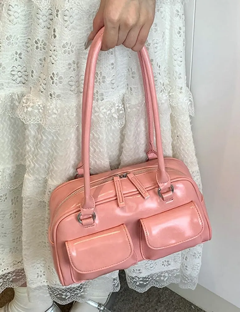 Chic Shoulder Bag for Women Glossy PU Leather Purses Fashion Small Tote Handbag Y2k Top Handle Satchel