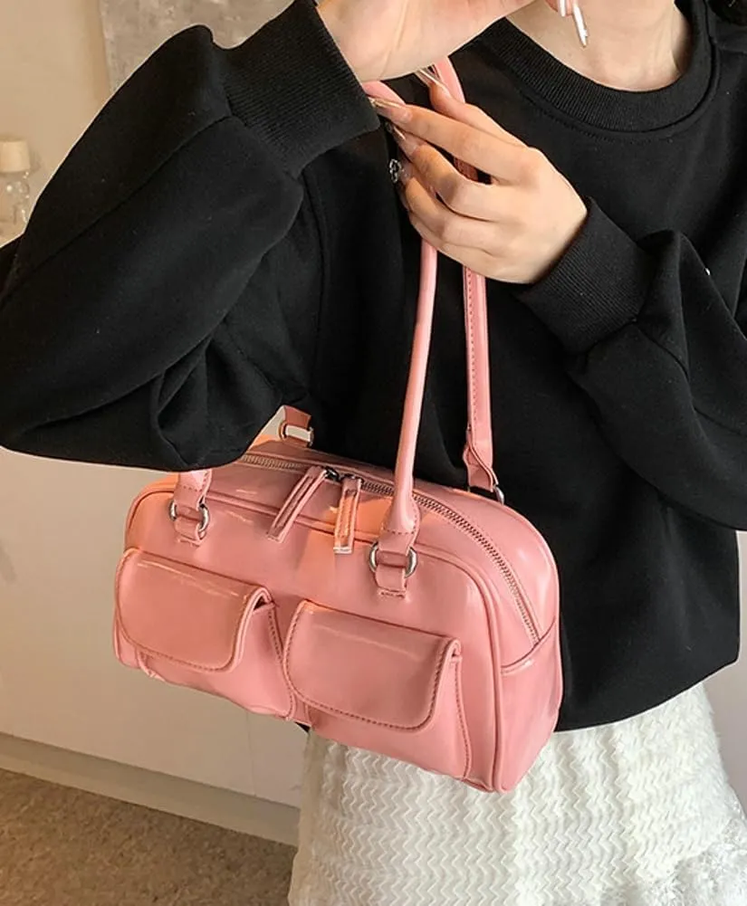 Chic Shoulder Bag for Women Glossy PU Leather Purses Fashion Small Tote Handbag Y2k Top Handle Satchel