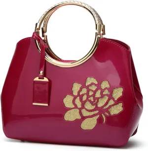 Chikencall Women Tote Handbag Glossy Patent Leather Shoulder Bag Evening Party Purse Wedding Satchel with Flower Print