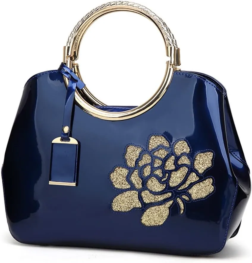 Chikencall Women Tote Handbag Glossy Patent Leather Shoulder Bag Evening Party Purse Wedding Satchel with Flower Print