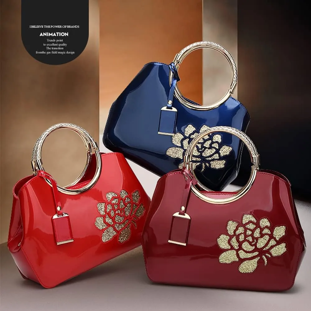Chikencall Women Tote Handbag Glossy Patent Leather Shoulder Bag Evening Party Purse Wedding Satchel with Flower Print