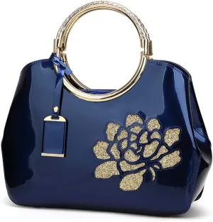 Chikencall Women Tote Handbag Glossy Patent Leather Shoulder Bag Evening Party Purse Wedding Satchel with Flower Print