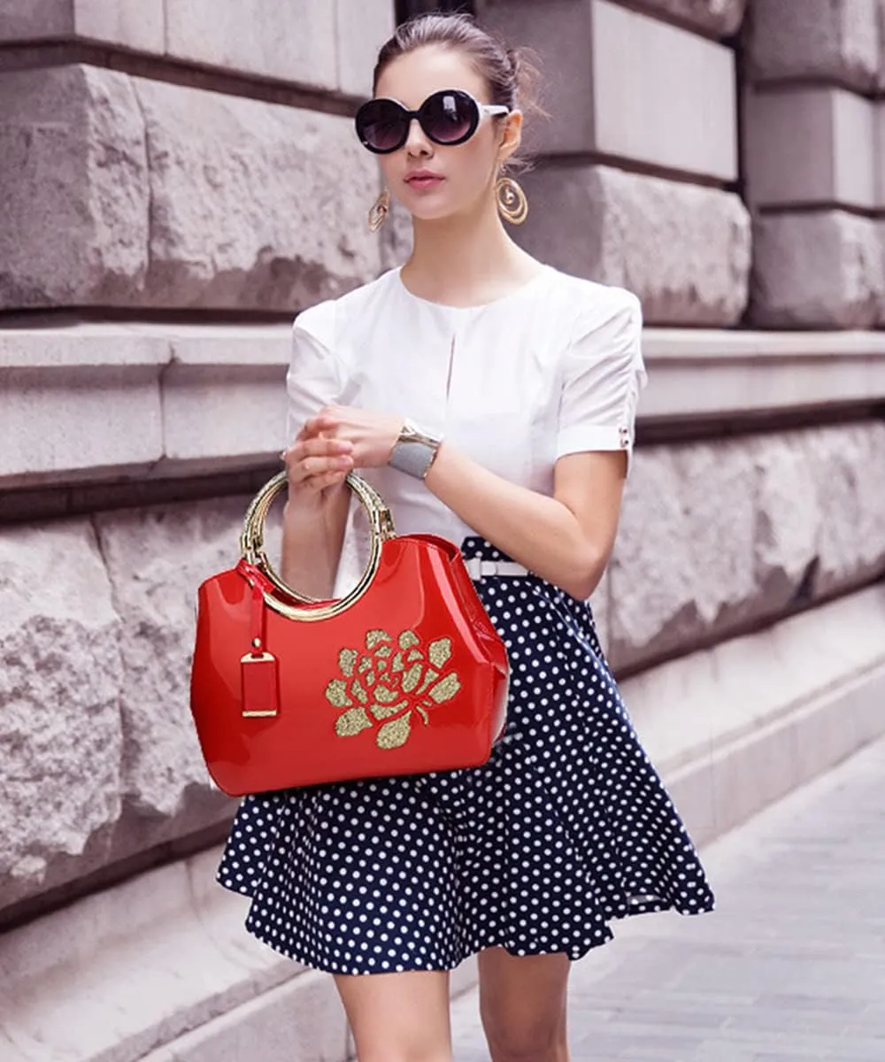 Chikencall Women Tote Handbag Glossy Patent Leather Shoulder Bag Evening Party Purse Wedding Satchel with Flower Print