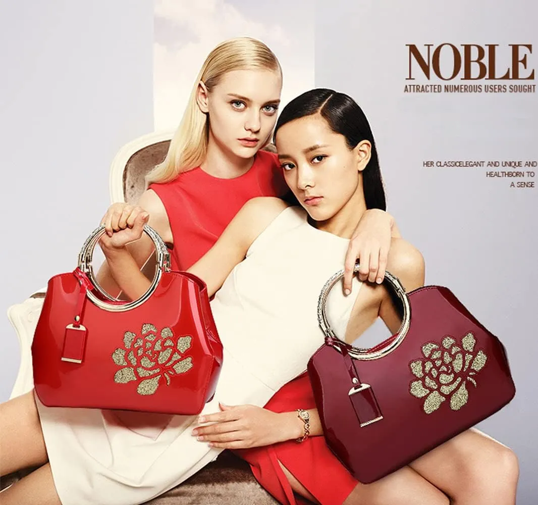Chikencall Women Tote Handbag Glossy Patent Leather Shoulder Bag Evening Party Purse Wedding Satchel with Flower Print