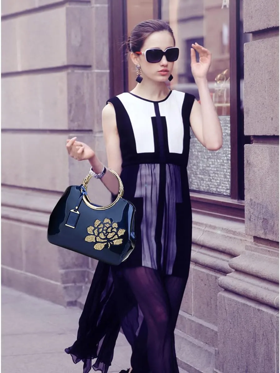 Chikencall Women Tote Handbag Glossy Patent Leather Shoulder Bag Evening Party Purse Wedding Satchel with Flower Print