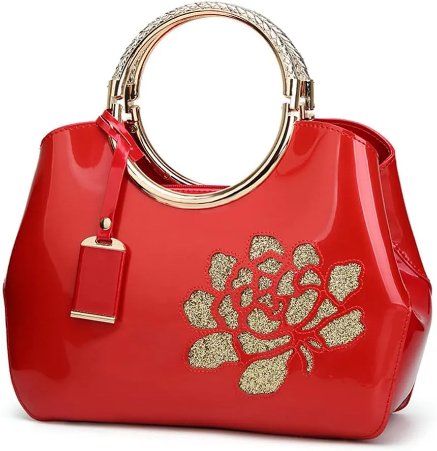 Chikencall Women Tote Handbag Glossy Patent Leather Shoulder Bag Evening Party Purse Wedding Satchel with Flower Print
