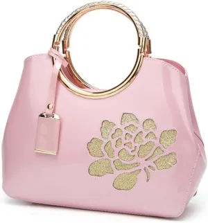 Chikencall Women Tote Handbag Glossy Patent Leather Shoulder Bag Evening Party Purse Wedding Satchel with Flower Print