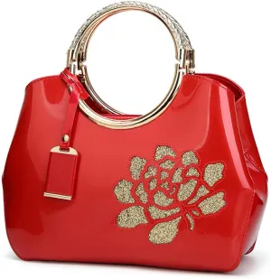 Chikencall Women Tote Handbag Glossy Patent Leather Shoulder Bag Evening Party Purse Wedding Satchel with Flower Print