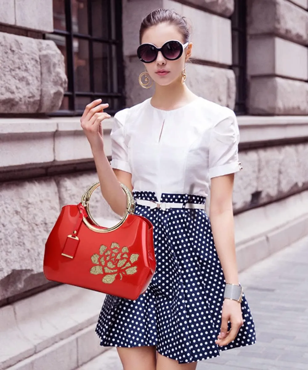 Chikencall Women Tote Handbag Glossy Patent Leather Shoulder Bag Evening Party Purse Wedding Satchel with Flower Print