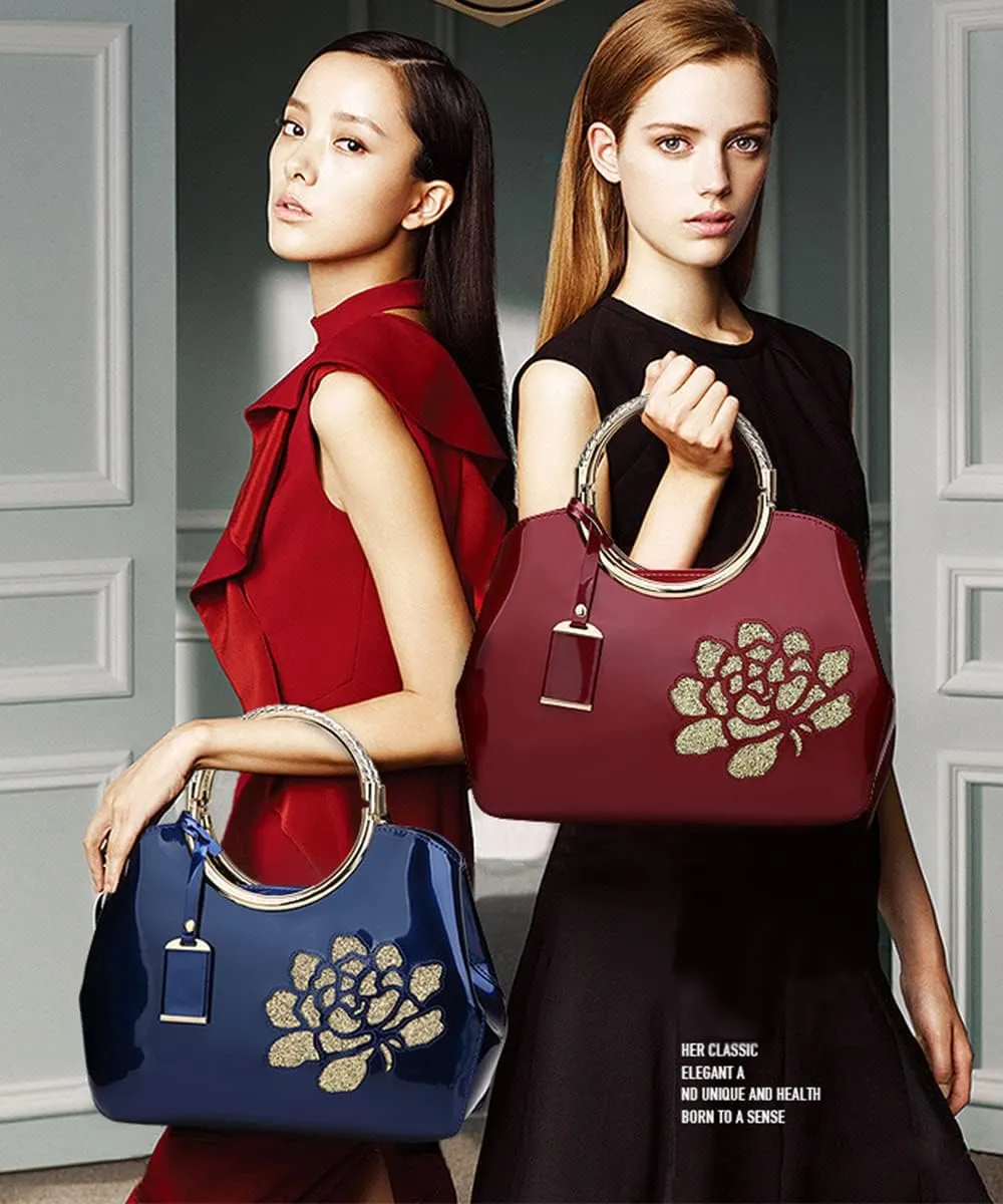 Chikencall Women Tote Handbag Glossy Patent Leather Shoulder Bag Evening Party Purse Wedding Satchel with Flower Print