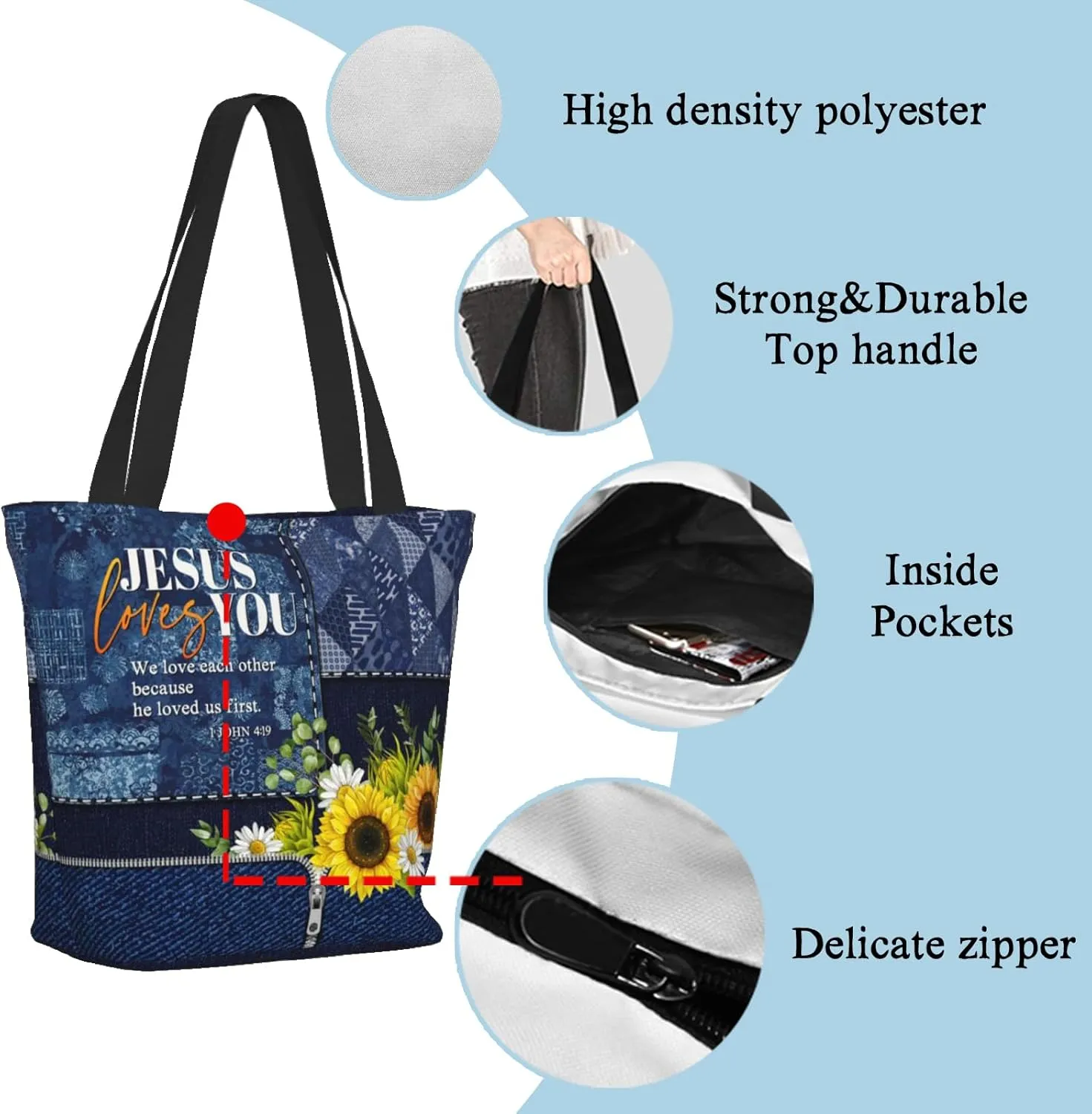 Christian Gifts Reusable Shopping Tote Bag Zippered Inspirational Tote Bags for Women Bible Verse Shoulder Bag