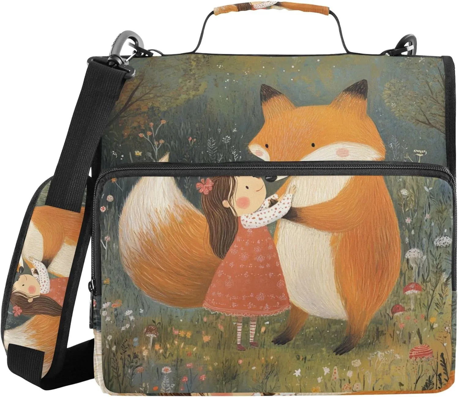 Chubby Fox with Girl Sturdy Zipper Binder with Shoulder Strap & Handle Easy to Carry 1.5 Inch 3 Rings Pencil Cases Portfolio Binder Document Storage