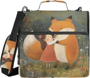 Chubby Fox with Girl Sturdy Zipper Binder with Shoulder Strap & Handle Easy to Carry 1.5 Inch 3 Rings Pencil Cases Portfolio Binder Document Storage