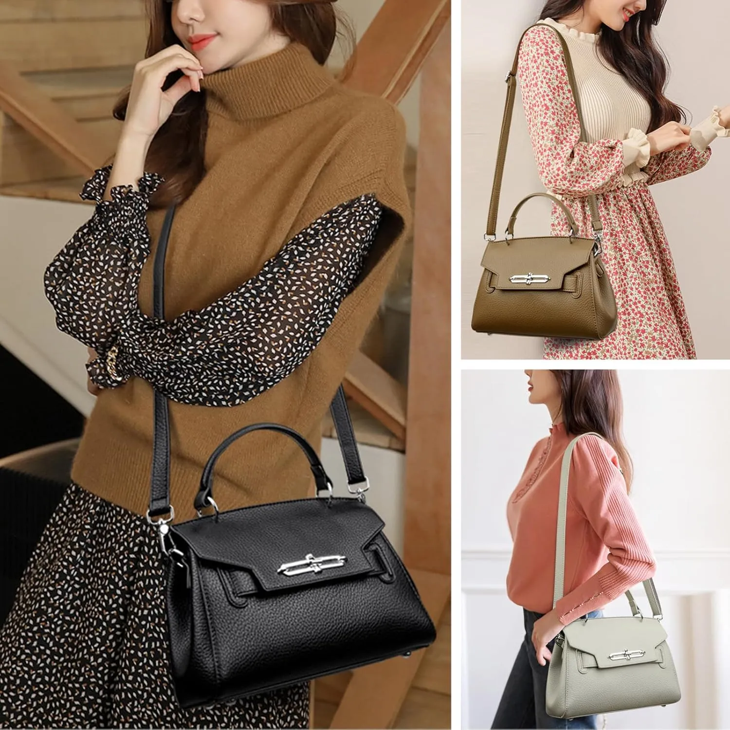 Classic Real Genuine Leather Top-Handle Handbag For Women Phone Purses Crossbody Shoulder Bags For Women