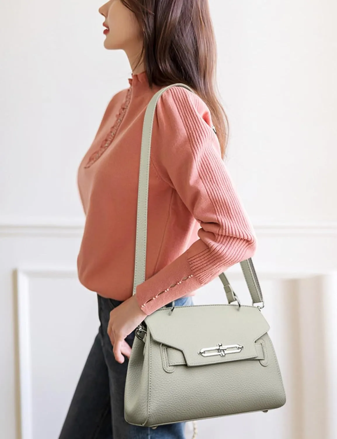 Classic Real Genuine Leather Top-Handle Handbag For Women Phone Purses Crossbody Shoulder Bags For Women