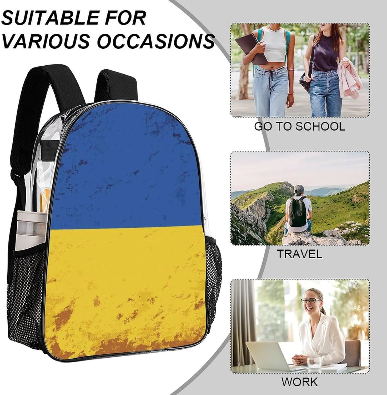 Clear Backpack Large Heavy Duty Ukraine Country Flag (2) PVC Transparent Backpack for Adults See Through Clear Bookbag for Sports, Work, Travel, College