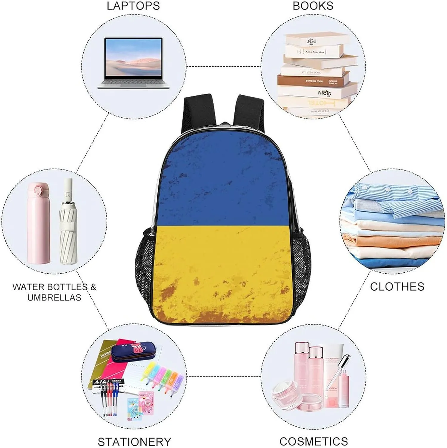 Clear Backpack Large Heavy Duty Ukraine Country Flag (2) PVC Transparent Backpack for Adults See Through Clear Bookbag for Sports, Work, Travel, College