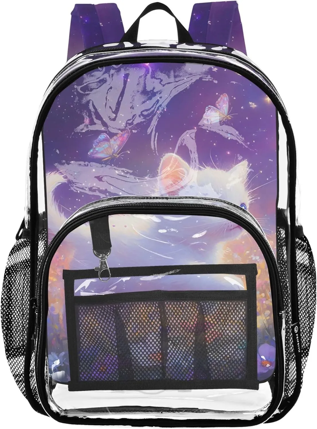 Clear Bag for Women Travel Girls Backpack for Kids Plastic School Clear Bookbag Starlight Meadow Cute Cat
