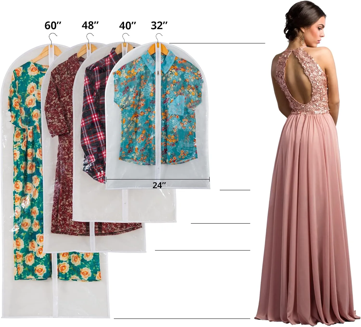 Clear Garment Bags for Long Gowns, Vinyl Dress Storage Bags, Zippered Plastic Protector for Dresses, 24"x60", 12 Pack