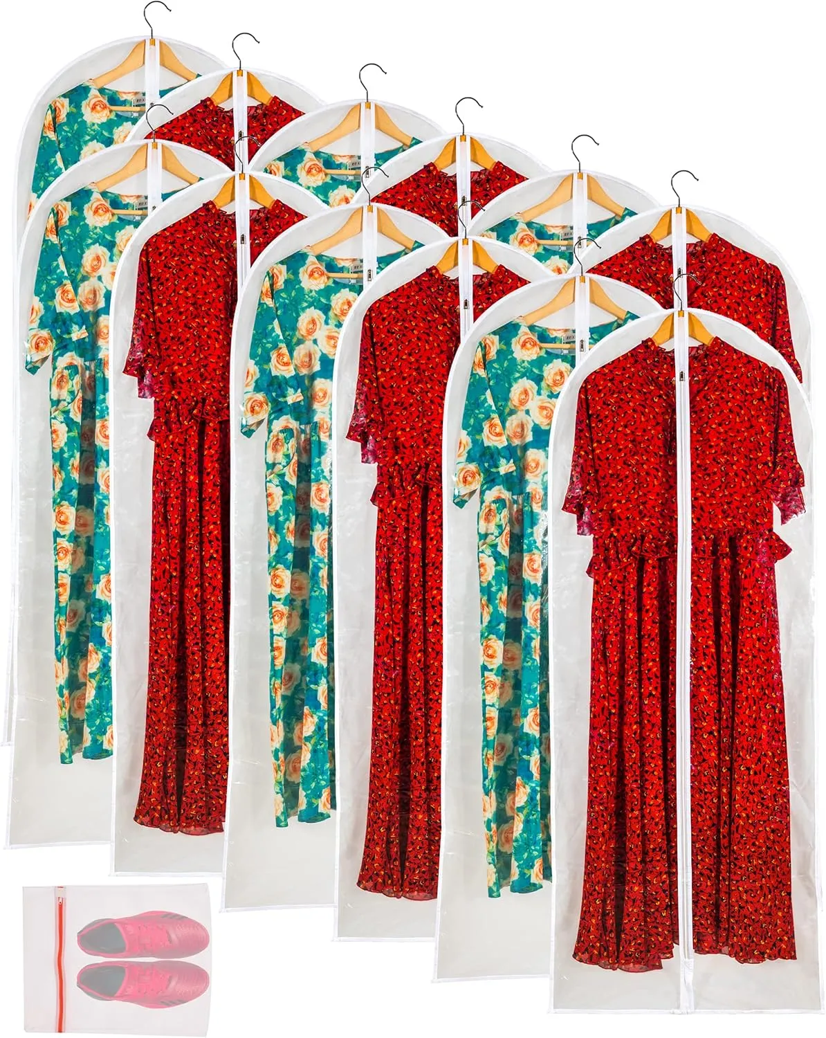 Clear Garment Bags for Long Gowns, Vinyl Dress Storage Bags, Zippered Plastic Protector for Dresses, 24"x60", 12 Pack