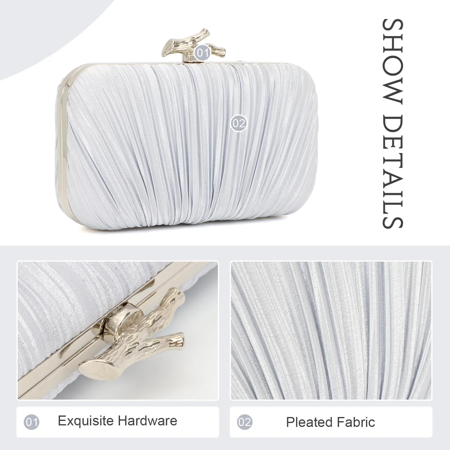 Clutch Purses for Women Evening Bag Pleated Clutch Bag with Chain for Wedding Party