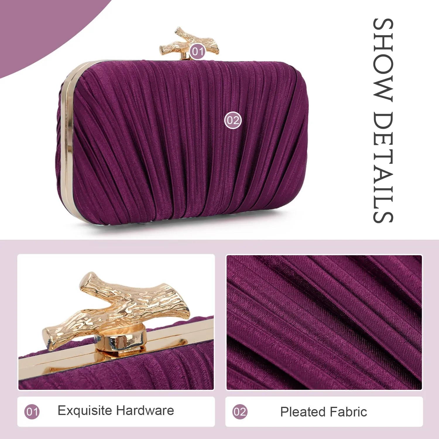 Clutch Purses for Women Evening Bag Pleated Clutch Bag with Chain for Wedding Party