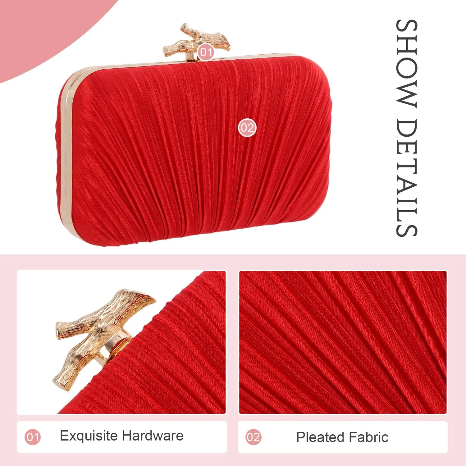 Clutch Purses for Women Evening Bag Pleated Clutch Bag with Chain for Wedding Party