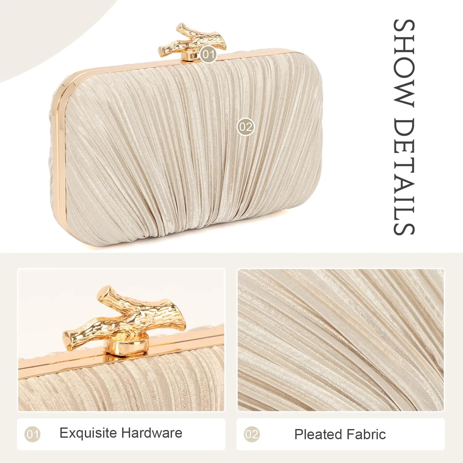 Clutch Purses for Women Evening Bag Pleated Clutch Bag with Chain for Wedding Party