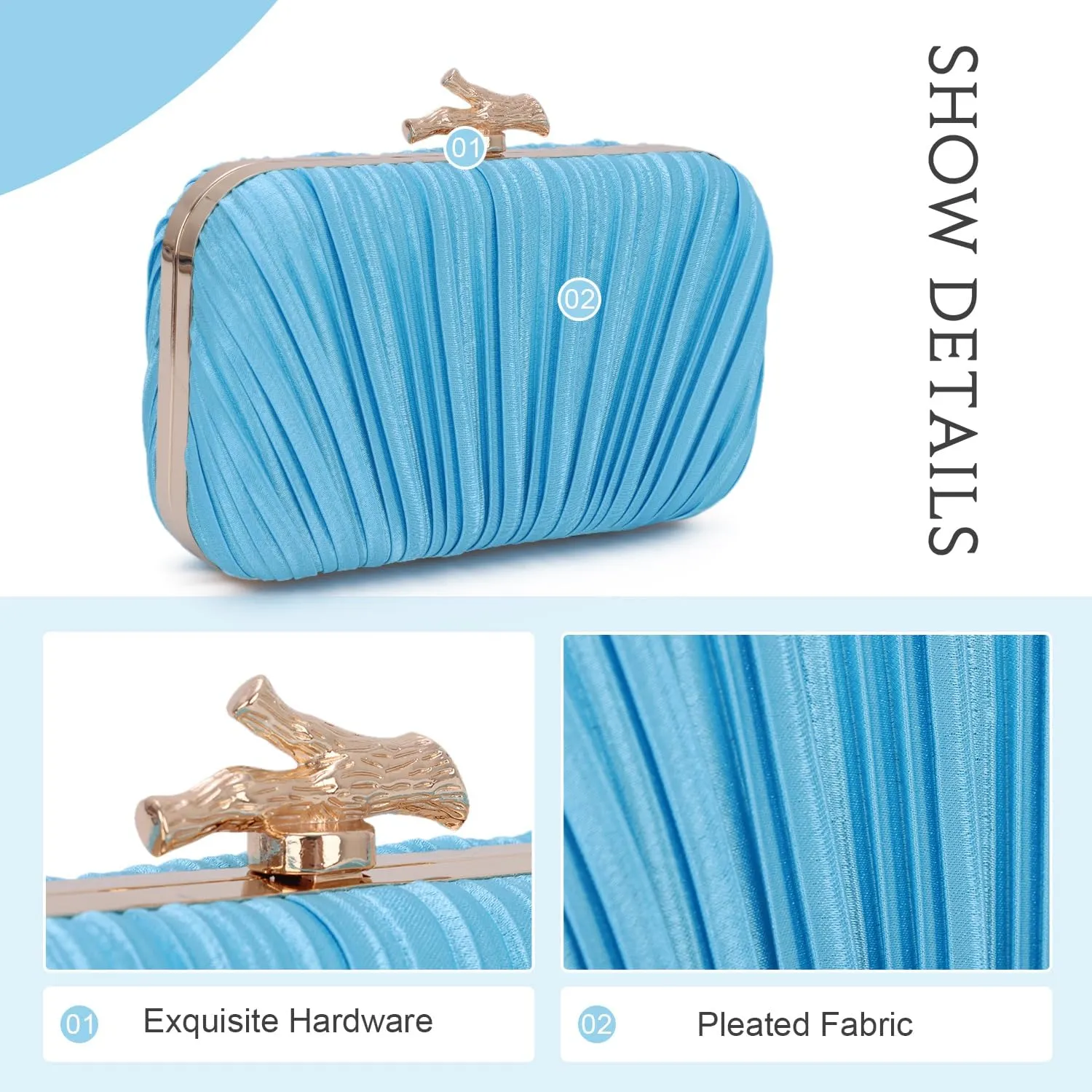 Clutch Purses for Women Evening Bag Pleated Clutch Bag with Chain for Wedding Party