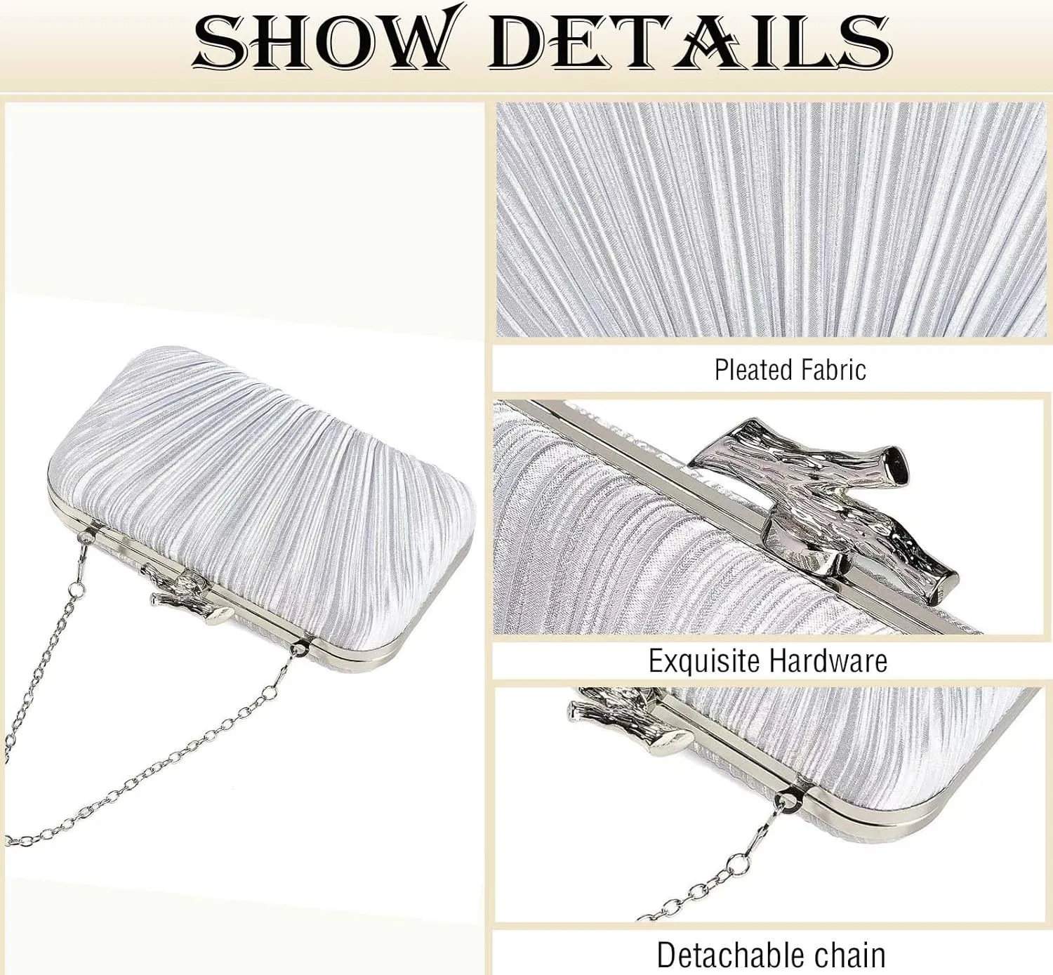 Clutch Purses for Women Evening Bag Pleated Clutch Handbags Chain Shoulder Bag Satin Purses for Wedding Party