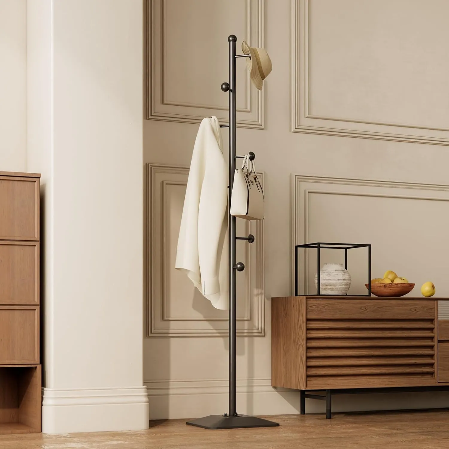 coat rack freestanding, heavy duty metal coat hanger stand,Hall Tree with 7 Hooks and Cast iron base for Clothes,Hat,Bag,jacket.Coat Tree for Entryway, Hallway,bedroom,Living room (black)