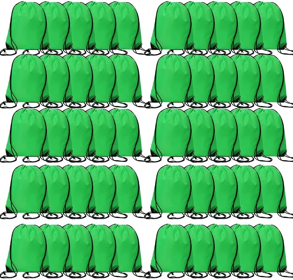 CODOBON 50 Pcs Drawstring Bags, Bulk Draw String Backpack, Cinch Polyester Bag for Gym Sport, Green