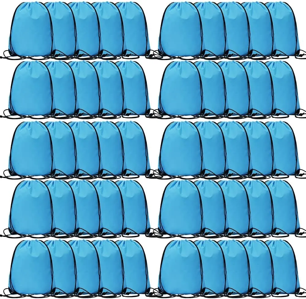CODOBON 50 Pcs Drawstring Bags, Bulk Draw String Backpack, Cinch Polyester Bag for Gym Sport, Sky Blue
