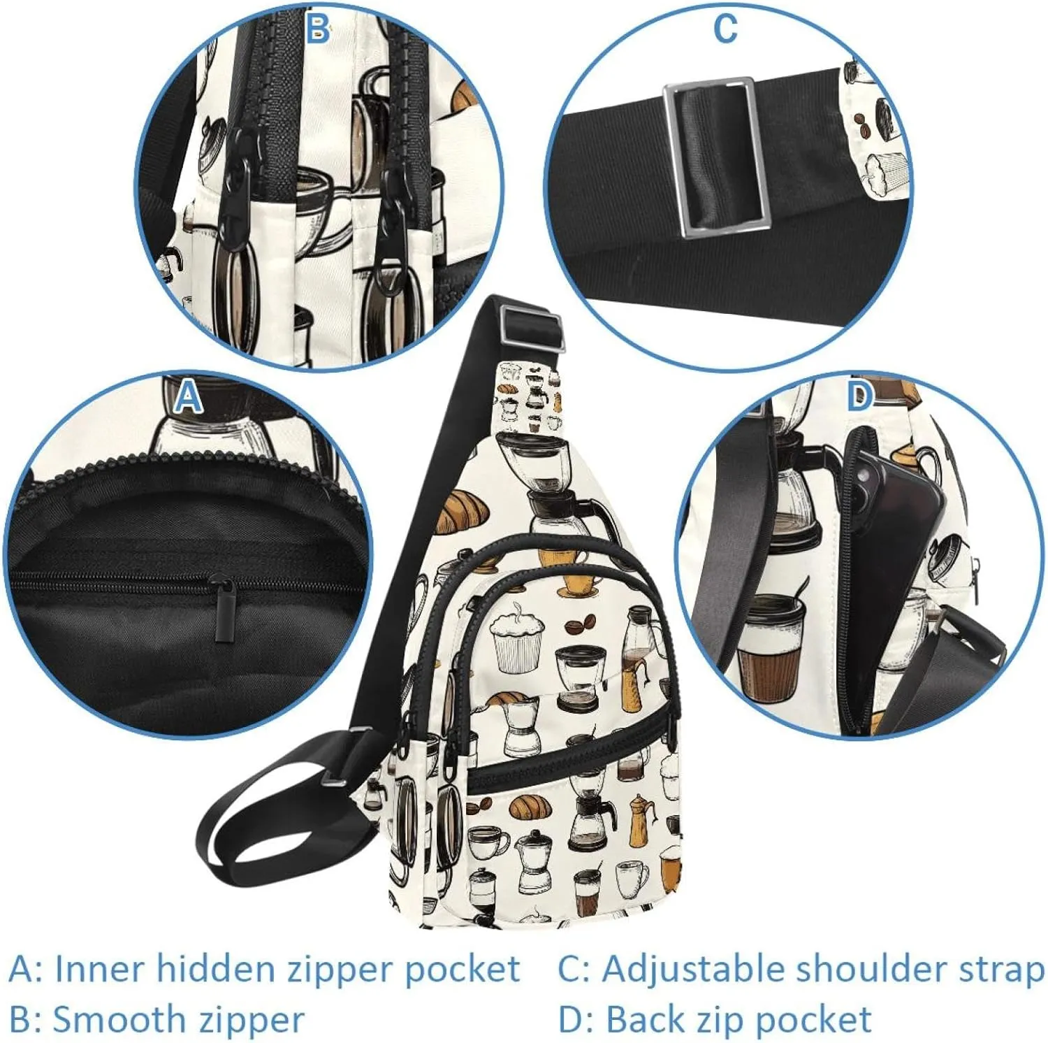 coffee makers cups bakery milk (2) Crossbody Bag with Adjustable Shoulder Strap, Shoulder Bag for Men and Women Sling Backpack for Travel, Cycling, Work, Sport