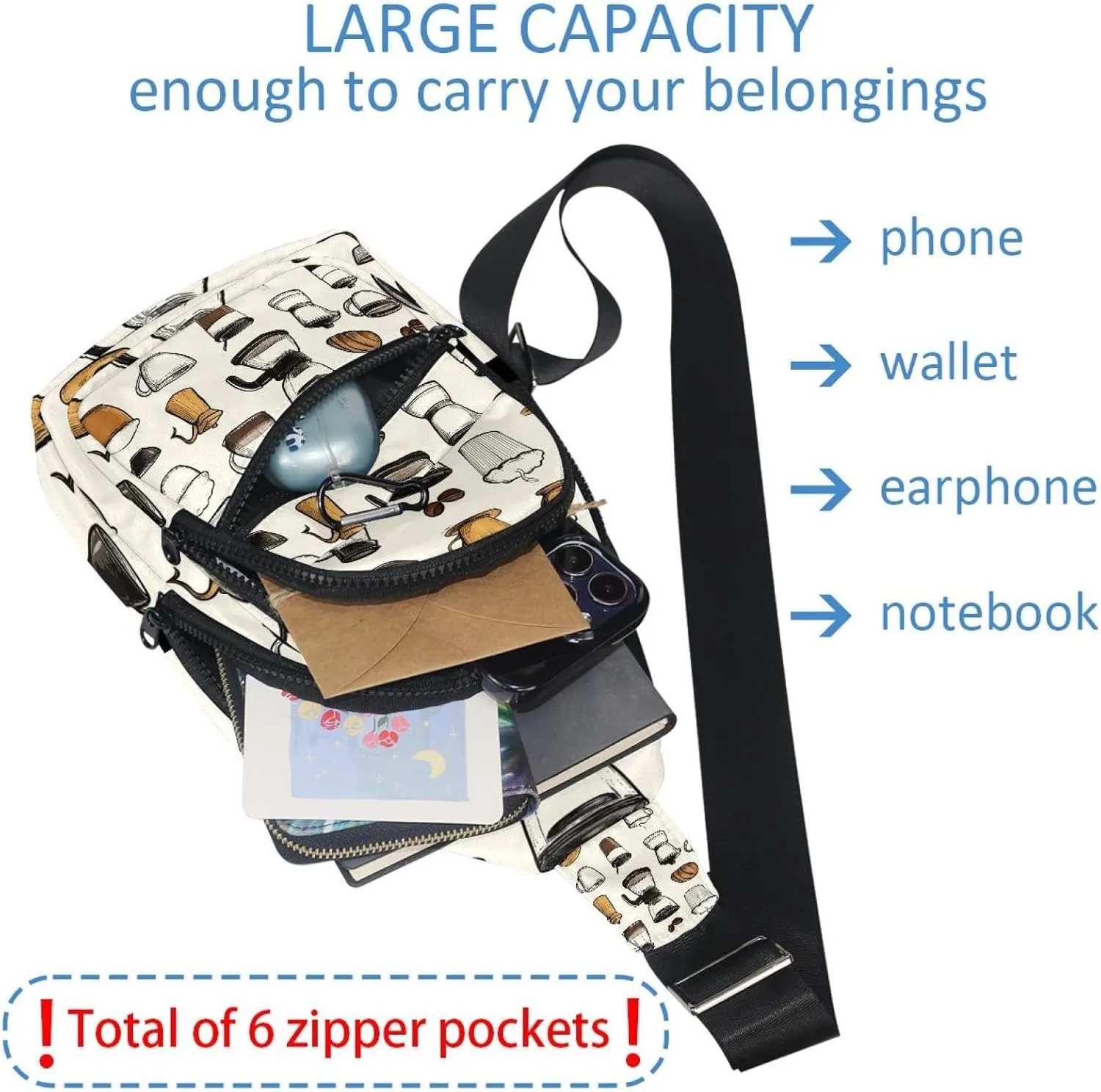 coffee makers cups bakery milk (2) Crossbody Bag with Adjustable Shoulder Strap, Shoulder Bag for Men and Women Sling Backpack for Travel, Cycling, Work, Sport