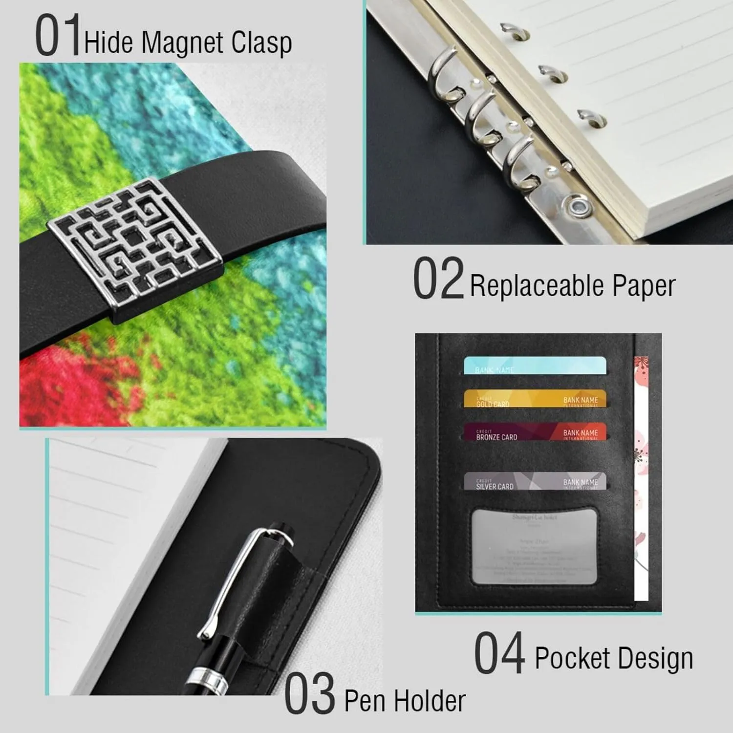 Colorful Chalk Scraps A5 Binder 6 Ring Refillable PU Leather Notebook Journal with Magnetic Buckle Closure Loose Leaf Travel Office Planner Budget Binder Notepad Portfolio, Funny