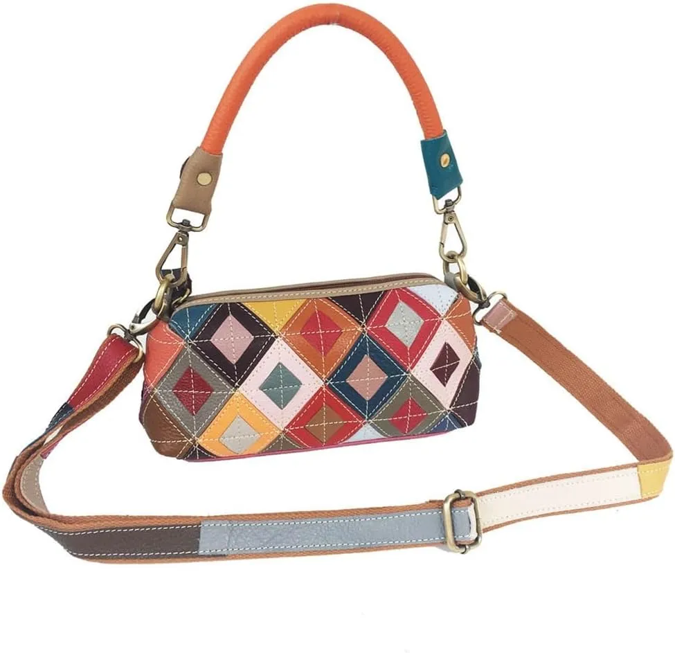 Colorful Diamond Lattice Colorblocking Cowhide Handbag Crossbody Women's Bag Under The Bowels of The Bag