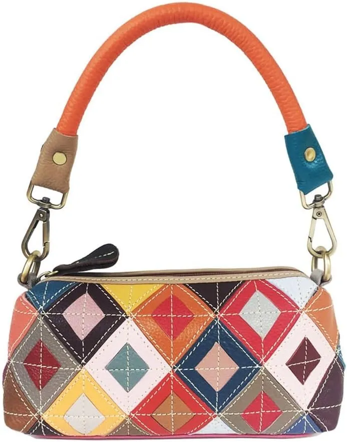 Colorful Diamond Lattice Colorblocking Cowhide Handbag Crossbody Women's Bag Under The Bowels of The Bag