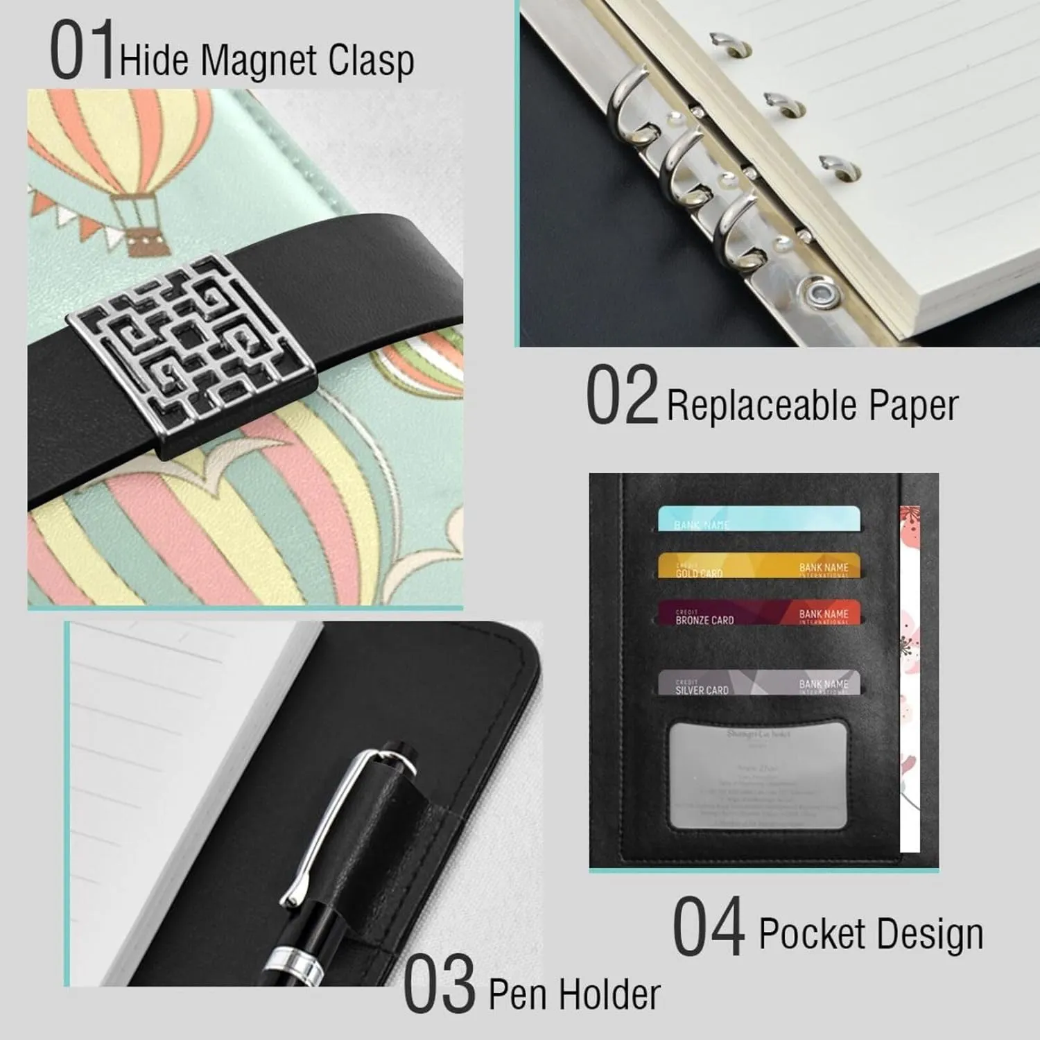 Colorful Hot Air Balloons A5 Binder 6 Ring Refillable PU Leather Notebook Journal with Magnetic Buckle Closure Loose Leaf Travel Office Planner Budget Binder Notepad Portfolio, Birds Sky