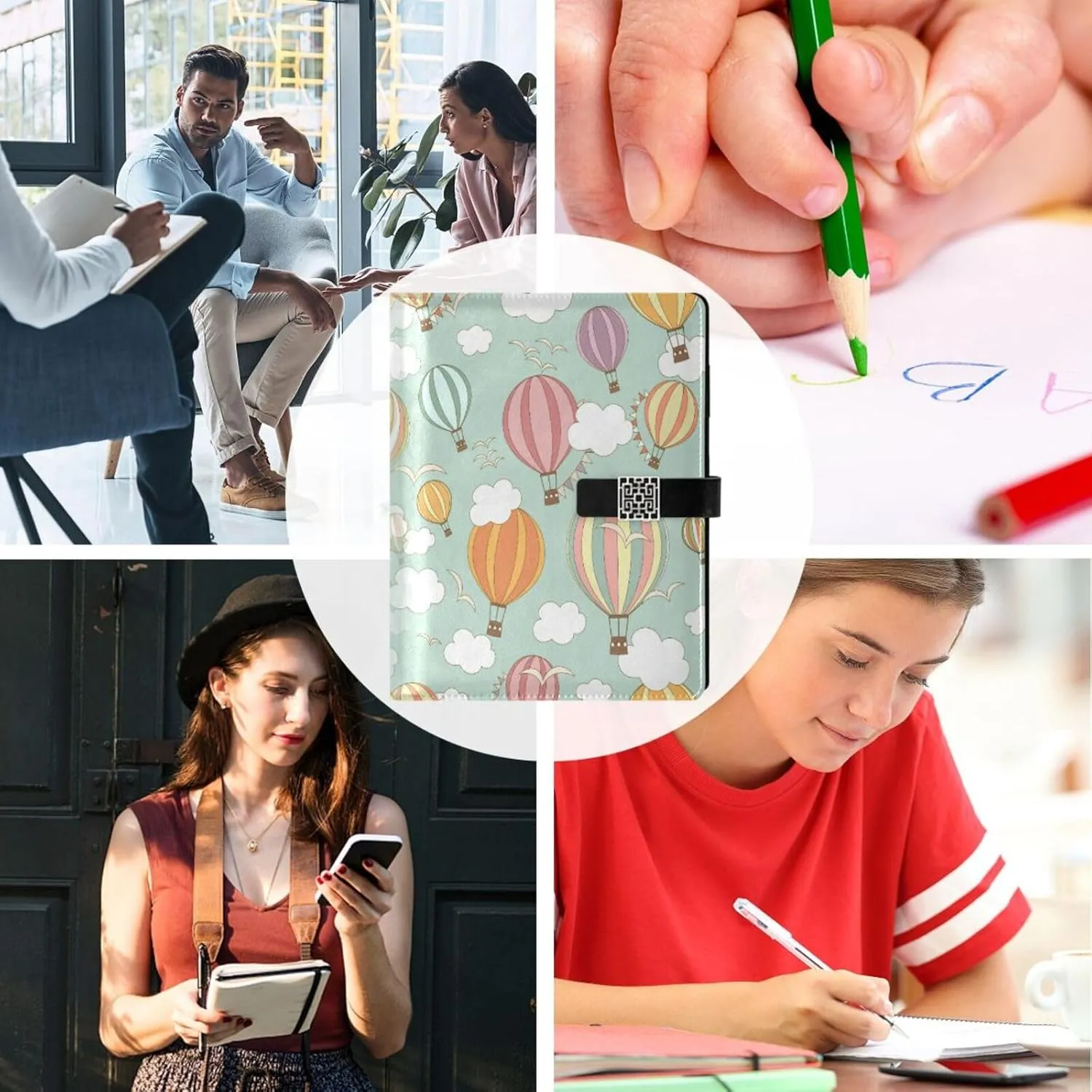 Colorful Hot Air Balloons A5 Binder 6 Ring Refillable PU Leather Notebook Journal with Magnetic Buckle Closure Loose Leaf Travel Office Planner Budget Binder Notepad Portfolio, Birds Sky