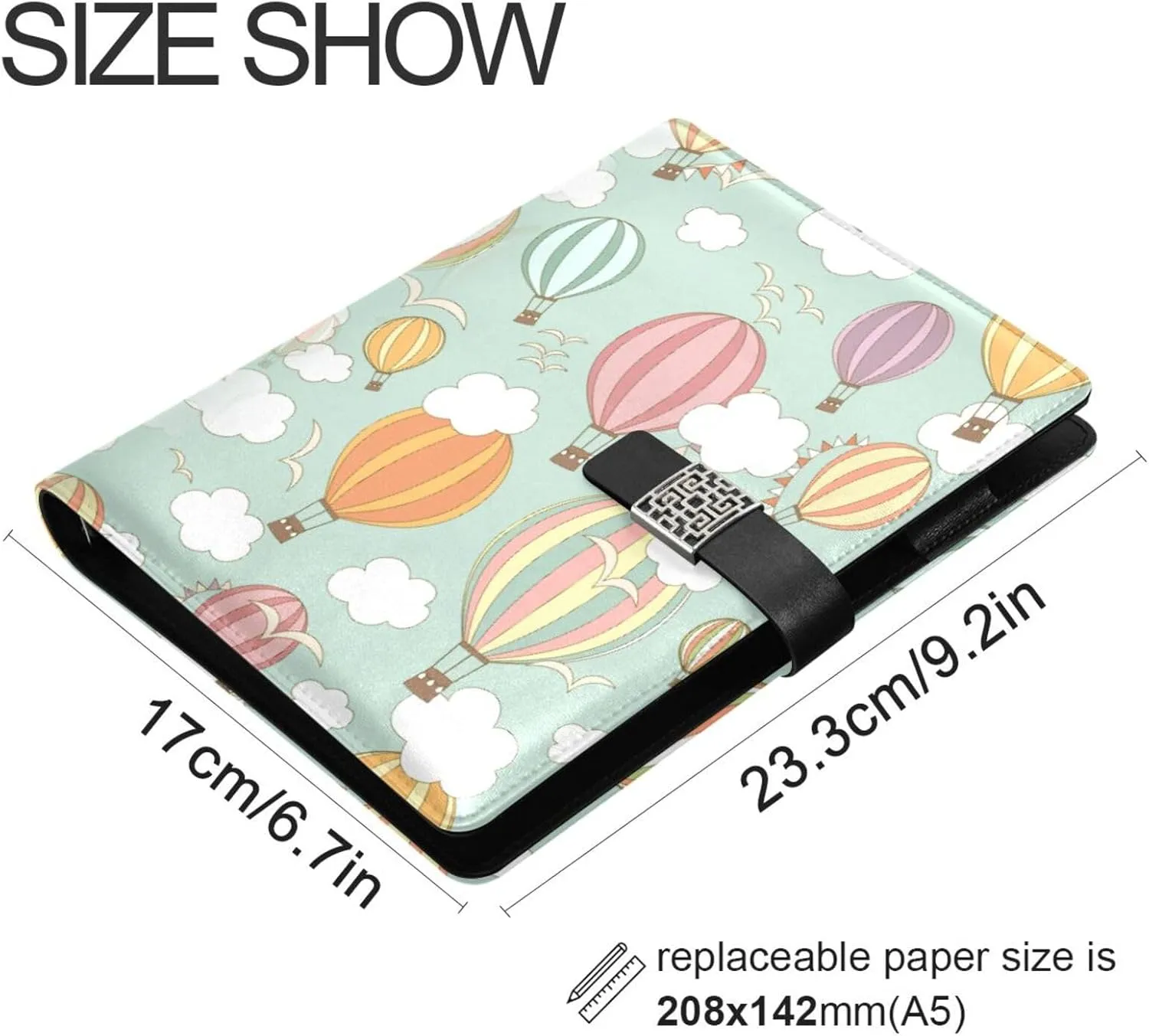 Colorful Hot Air Balloons A5 Binder 6 Ring Refillable PU Leather Notebook Journal with Magnetic Buckle Closure Loose Leaf Travel Office Planner Budget Binder Notepad Portfolio, Birds Sky